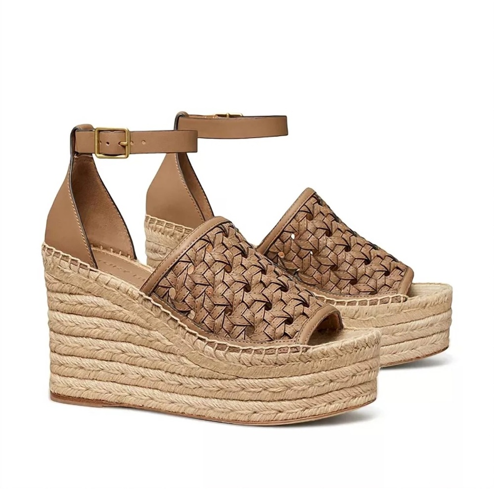 Tory Burch Tan Wedge Espadrilles with Crisscross Straps